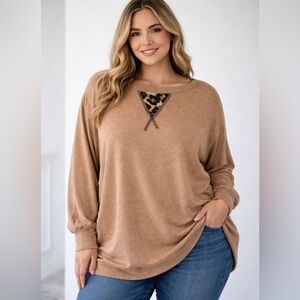 Emerald NWOT Brown Long Sleeve Top with Leopard Accent